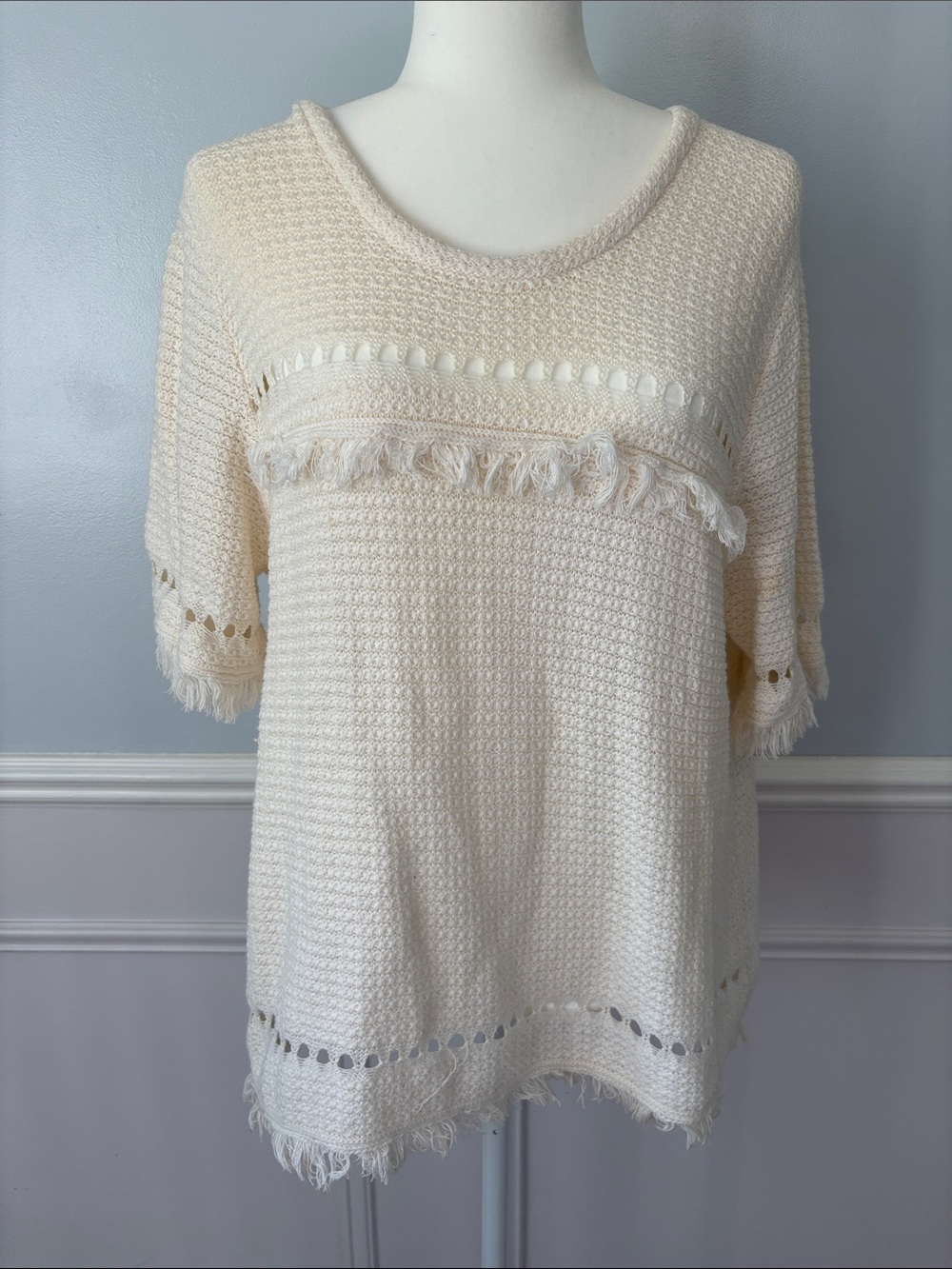 J. Crew Cream Fringe Short-Sleeve Knit Sweater Sz XL Boho Retro Western Knit - Picture 3 of 12